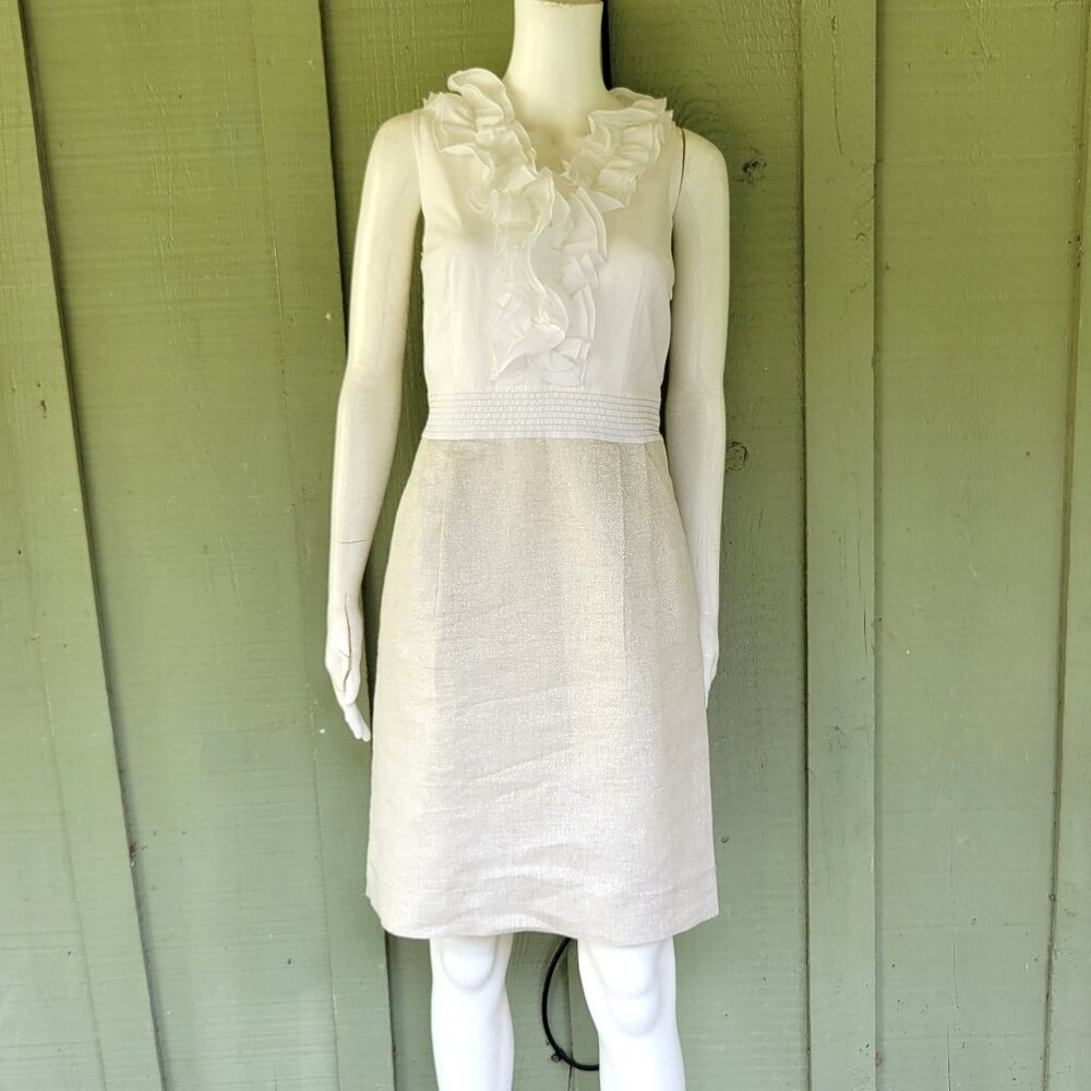 Ann Taylor LOFT White Ruffle Cotton Linen Dress 6P 6 Petite